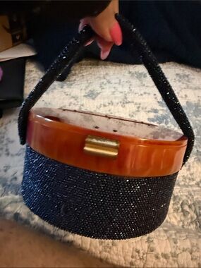 Black Beaded Mini Top-Handle Bag with Amber Accent